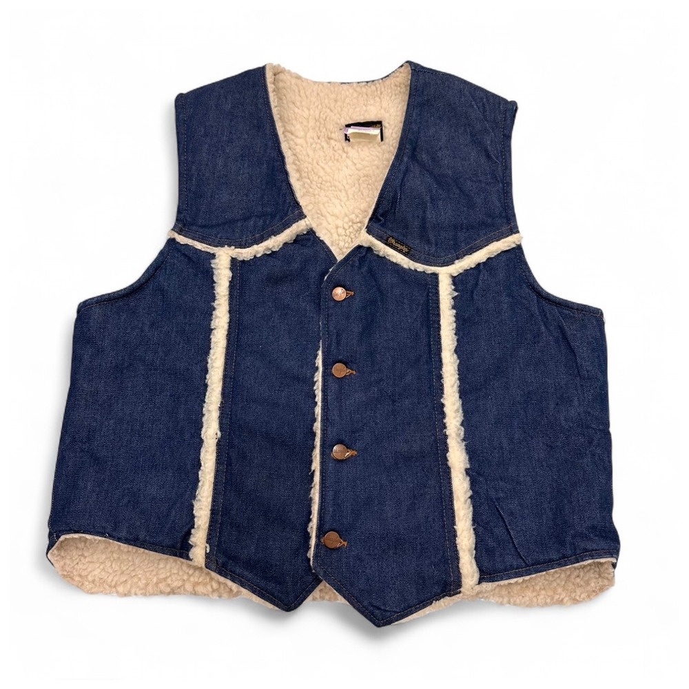 Vintage Wrangler‎ Blue 14oz Denim Sherpa Vest Western Rodeo Rancher Cowboy L/XL